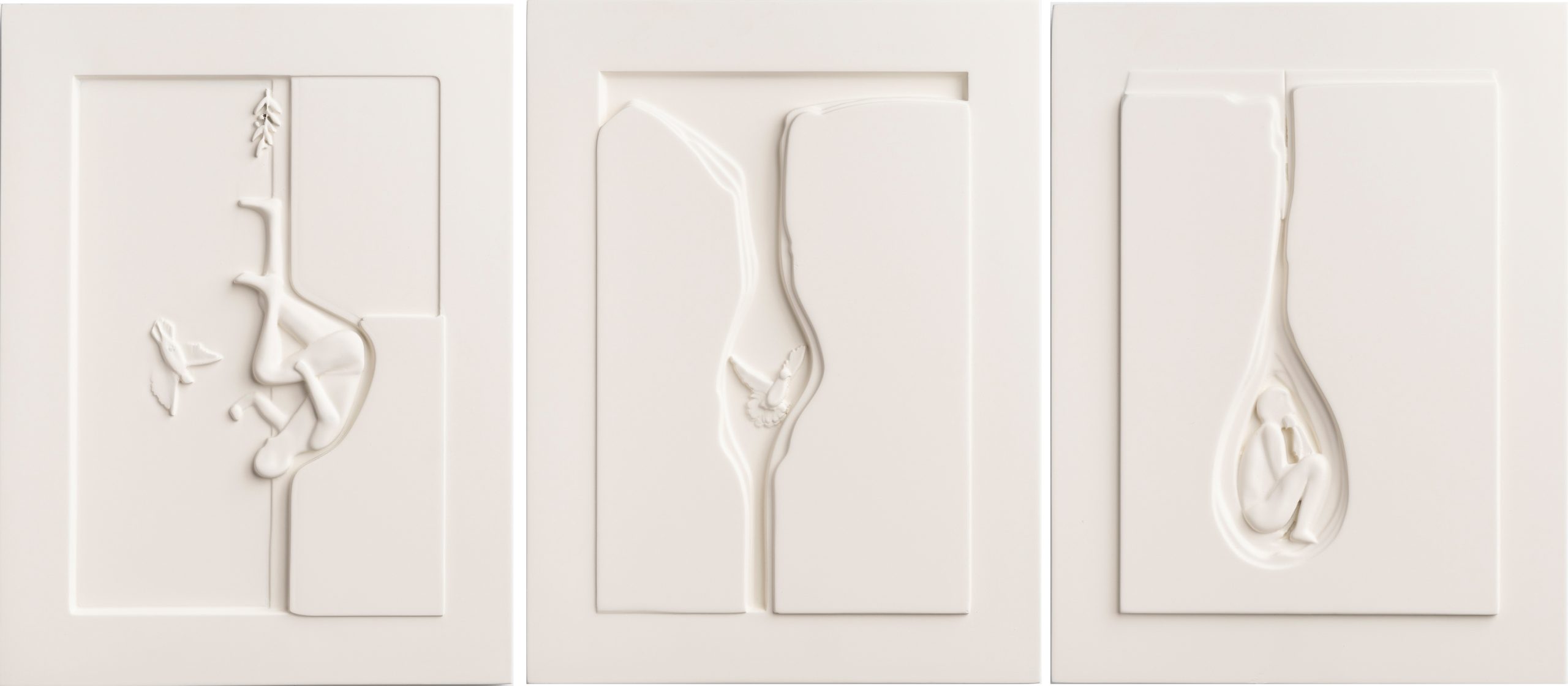 Elias Nafaa-Uprooting (tripytch)-2023-Cedar Wood Shrouded in White Paint-40cmx30cmx2cm each-Ed of 2+1AP